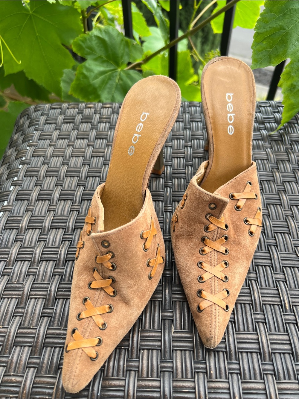 bebe Tan Suede Pointed Lace-Up Mule Heels